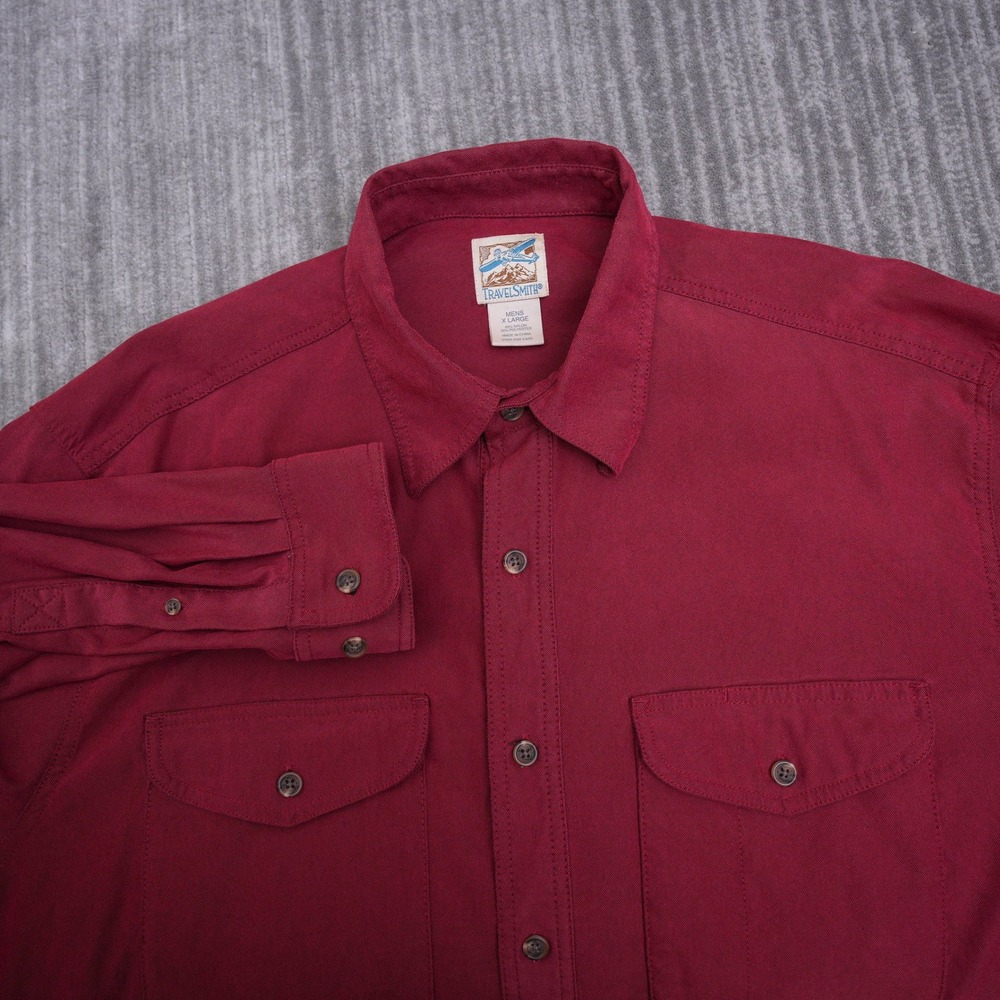 TravelSmith Mens XL Burgundy Button Up Shirt Long Sleeve Nylon Blend Pockets